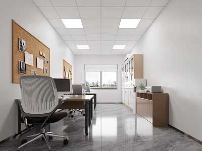 Modern Office Interior With Corkboard Computers Desks White Walls Ceiling Lights And Wooden Cabinets 3d model