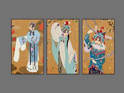 Traditional Chinese Peking Opera Character Paintings Featuring Three Figures With Intricate Costumes And Headpieces 3d model