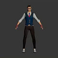 3D Male Character In Blue Vest White Shirt Red Gloves Brown Pants Standing With Glasses