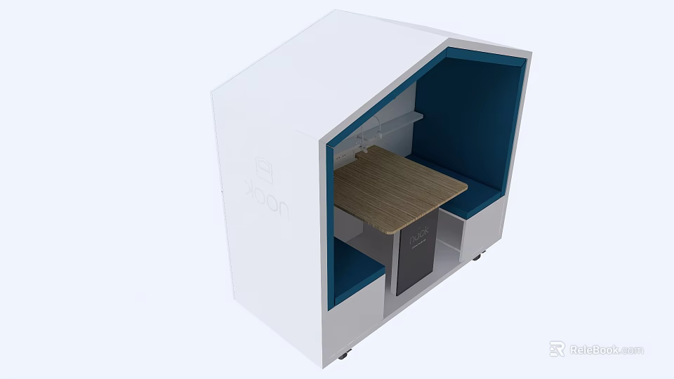 Public Office Area With White Cubicle Design Wooden Table And Blue Seats 3d model 