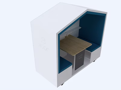 Public Office Area With White Cubicle Design Wooden Table And Blue Seats 3d model