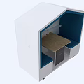 Public Office Area With White Cubicle Design Wooden Table And Blue Seats