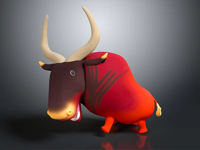 Vibrant Cartoon Bull Character With Red Orange Body And Large Curved Horns 3d model