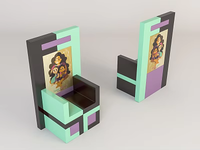 Modern Leisure Chair With Light Green Purple Black Geometric Design And Cartoon Character Print 3d model