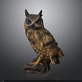 Realistic Handcrafted Owl Sculpture with Detailed Feather Patterns Standing on Wooden Base