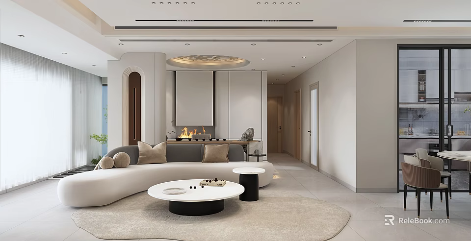 Modern Living Room Interior Design With Curved Sofa Round Coffee Table Fireplace And Recessed Lighting 3d model 