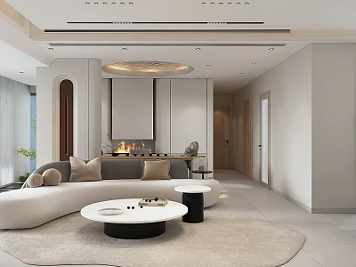 Modern Living Room Interior Design With Curved Sofa Round Coffee Table Fireplace And Recessed Lighting 3d model