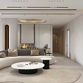 Modern Living Room Interior Design With Curved Sofa Round Coffee Table Fireplace And Recessed Lighting