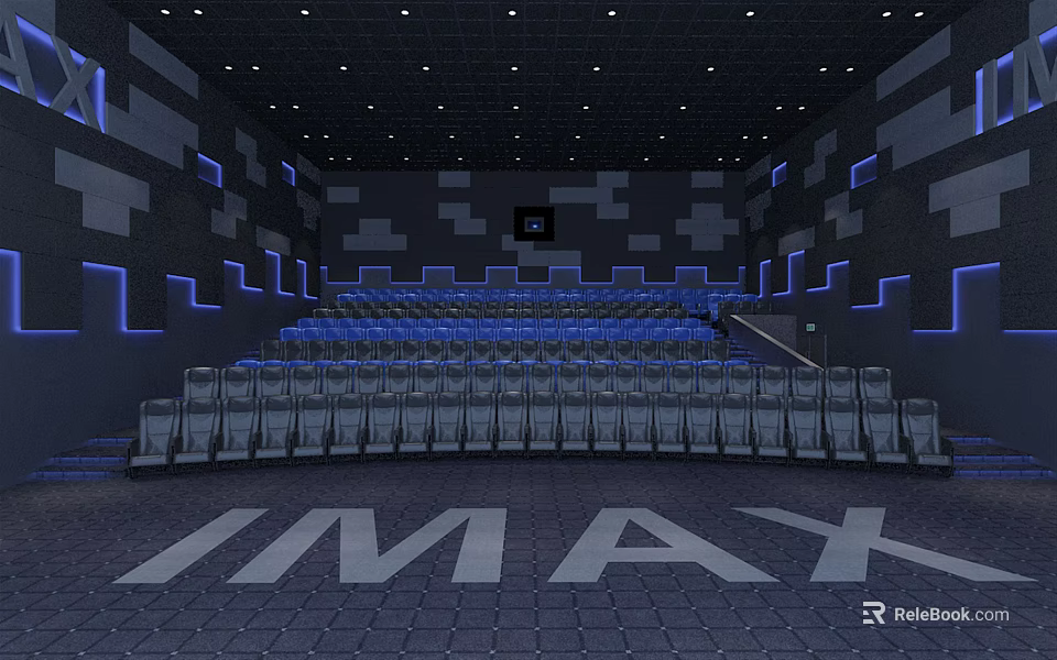 Modern Cinema Interior With IMAX Logo Blue Lighting And Comfortable Seats 3d model 