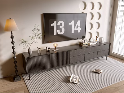 Modern TV Stand Featuring TV Decorative Items Books Candles and Floor Lamp in Living Room 3d model