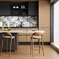 Modern Open Kitchen Interior With Black Cabinets Marble Countertops Island And Two Chairs