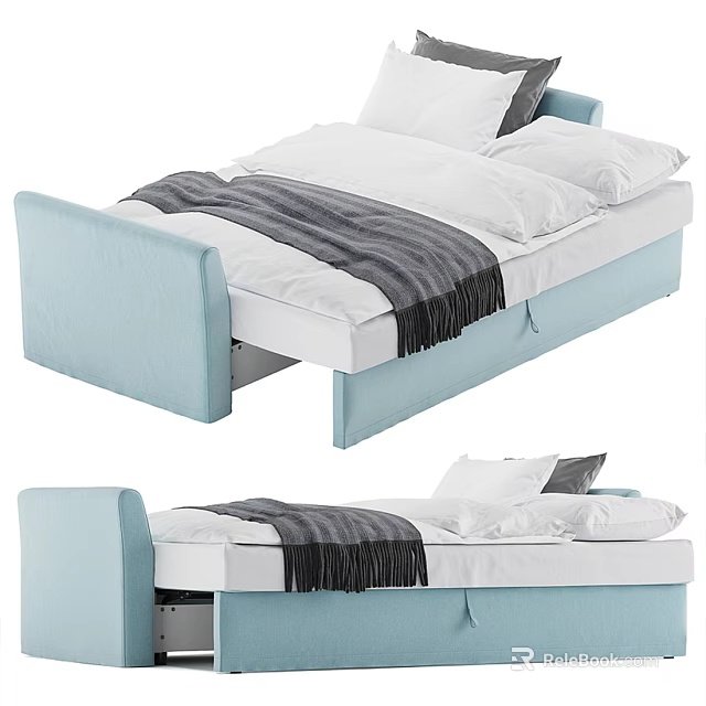Light Blue Storage Bed With White Pillows And Gray Blanket Design 3d model 