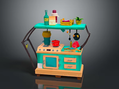 Commercial Toy Kitchen Equipment with Turquoise Design Shelf Cooking Utensils and Storage Cabinets 3d model