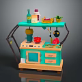 Commercial Toy Kitchen Equipment with Turquoise Design Shelf Cooking Utensils and Storage Cabinets
