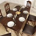 Classic Wooden Dining Table Set With Six Chairs Window Curtains And Decorative Frames 3d model