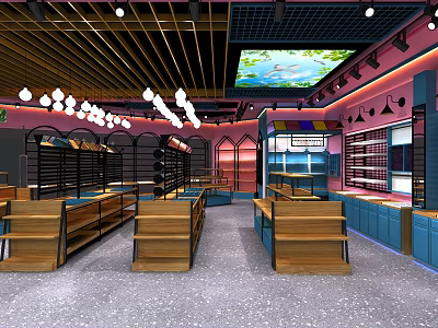 Modern Retail Store Interior With Wooden Shelves Blue Cabinets And Ceiling Lighting 3d model