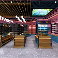 Modern Retail Store Interior With Wooden Shelves Blue Cabinets And Ceiling Lighting