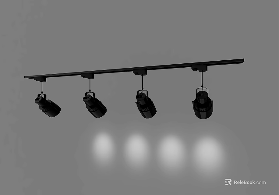 Four Black Spotlights On Track Light With Downward Shining Light Spots 3d model 