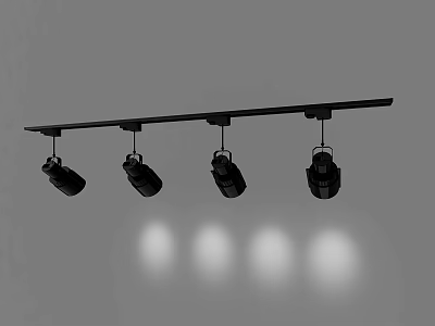 Four Black Spotlights On Track Light With Downward Shining Light Spots 3d model
