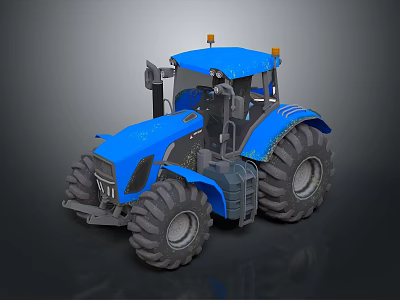 Blue Agricultural Tractor With Large Tires Cab And Orange Warning Lights 3d model