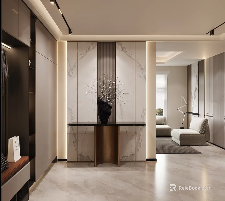 Modern Entryway Hallway Interior Design With Marble Wall Panels And Decorative Vase 3d model 