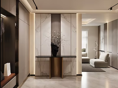 Modern Entryway Hallway Interior Design With Marble Wall Panels And Decorative Vase 3d model