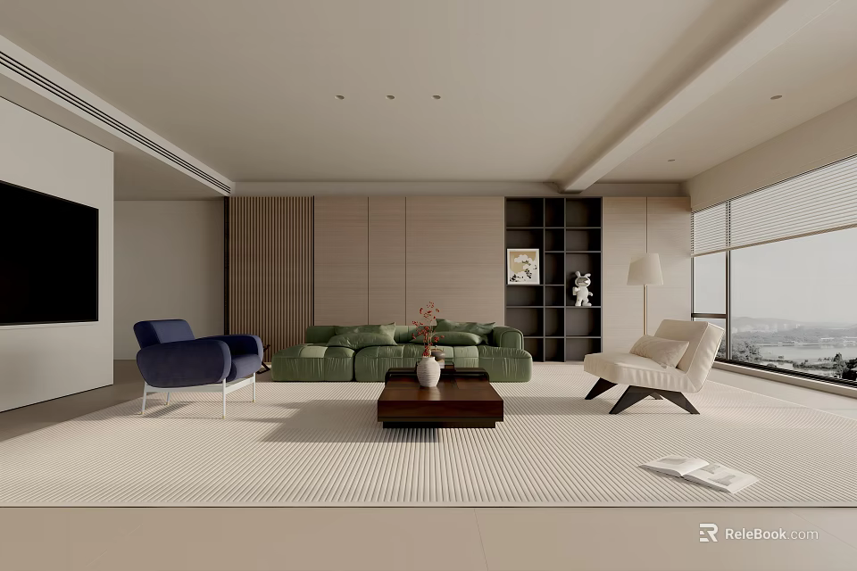 Modern Living Room With Green Sofa Blue Beige Armchairs Coffee Table And Floor To Ceiling Windows 3d model 