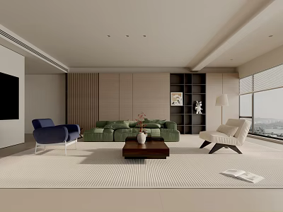Modern Living Room With Green Sofa Blue Beige Armchairs Coffee Table And Floor To Ceiling Windows 3d model