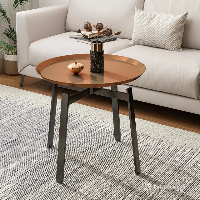 Round Copper Top Coffee Table With Black Metal Legs On Striped Rug And Decorative Items 3d model 
