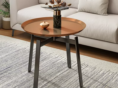Round Copper Top Coffee Table With Black Metal Legs On Striped Rug And Decorative Items 3d model