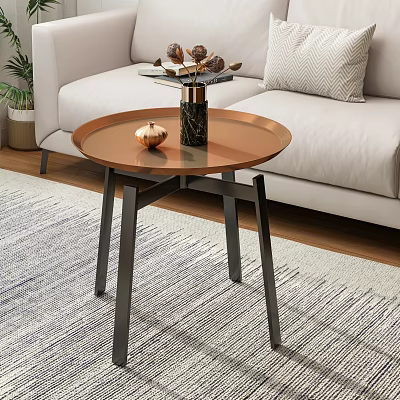 Round Copper Top Coffee Table With Black Metal Legs On Striped Rug And Decorative Items 3d model