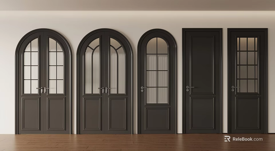 Black Interior Doors Arched Panel Glass And Solid Designs With Wooden Floor 3d model 