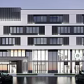 Modern Multi Story Building with Glass Curtain Walls on Street with Pedestrians and Cars