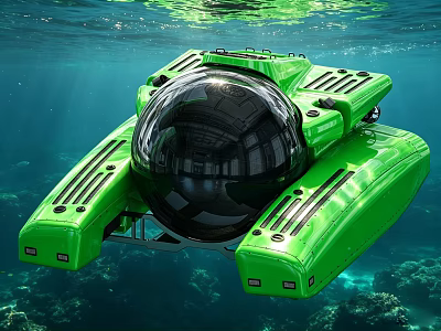 Green Submersible With Black Spherical Cockpit In Underwater Coral Reef Environment 3d model