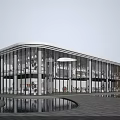 Modern Sales Office Building With Glass Curtain Wall And Front Water Pool Landscaping