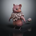 Cute 3D Fantasy Creature With Pink Body And White Fluffy Collar Holding Small Staff
