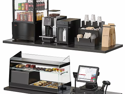 Commercial Equipment Setup Featuring Beverage Cooler Coffee Machine Display Case and Cash Register 3d model