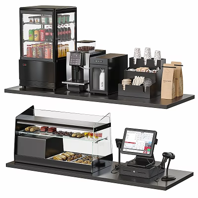Commercial Equipment Setup Featuring Beverage Cooler Coffee Machine Display Case and Cash Register 3d model