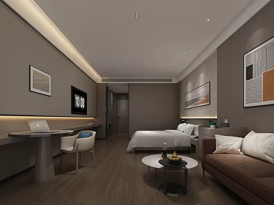 Modern Hotel Room Interior Featuring Comfortable Bed Sofa Table Chair TV And Decorative Paintings 3d model