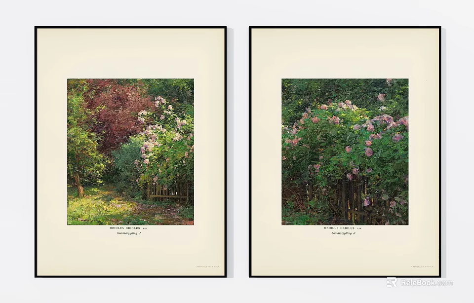 Two Framed Botanical Garden Paintings With Floral Scenery And Green Trees 3d model 