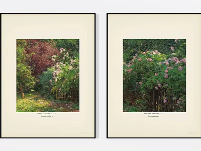 Two Framed Botanical Garden Paintings With Floral Scenery And Green Trees 3d model