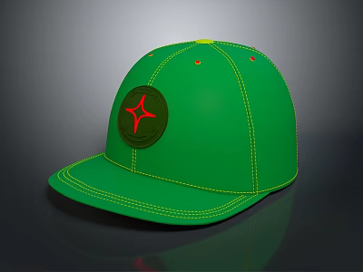 Stylish Green Casual Cap with Yellow Stitching and Red Star Logo Design 3d model