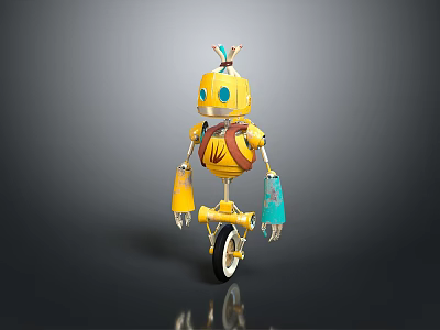 Commercial Robot Device Featuring Yellow Body Unicycle Blue Eyes And Colorful Decorations 3d model