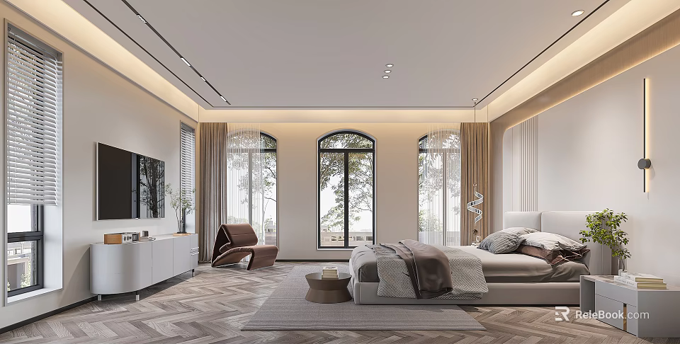 Elegant Modern Bedroom Interior With Arched Windows Herringbone Floor Armchair And Bed With Blanket 3d model 