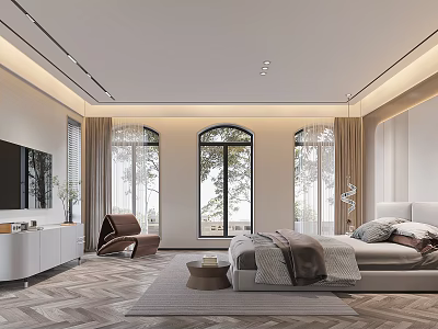 Elegant Modern Bedroom Interior With Arched Windows Herringbone Floor Armchair And Bed With Blanket 3d model