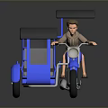 Blue Three Wheeled Motorcycle With Canopy And Rider Seated On It
