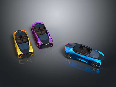 Yellow Purple And Blue Convertible Sports Cars With Modern Design On Gray Background 3d model