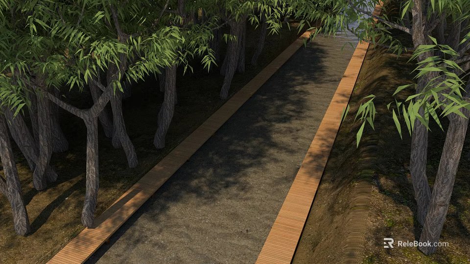 Garden Landscape With Narrow Path Flanked By Trees And Gravel Surface With Wooden Edges 3d model 