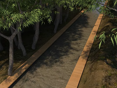 Garden Landscape With Narrow Path Flanked By Trees And Gravel Surface With Wooden Edges 3d model