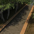 Garden Landscape With Narrow Path Flanked By Trees And Gravel Surface With Wooden Edges